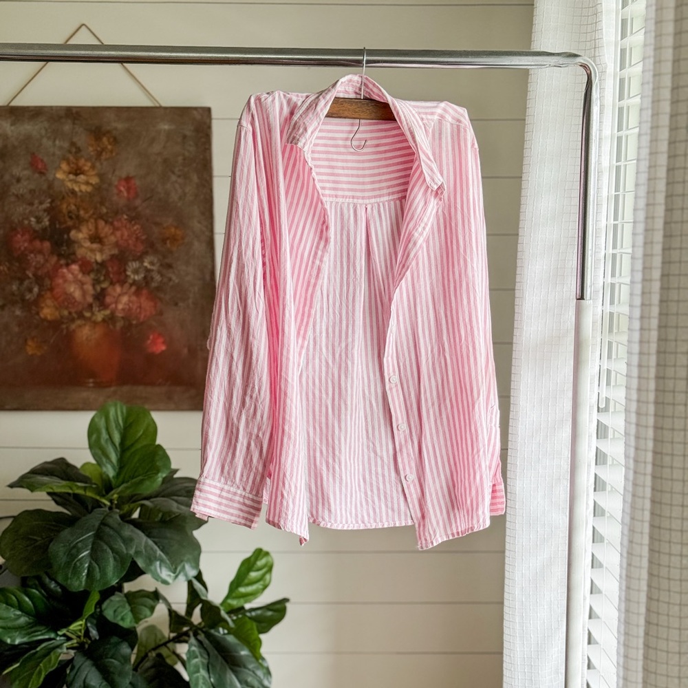 beachlunchlounge Pink and White Striped Button Shirt